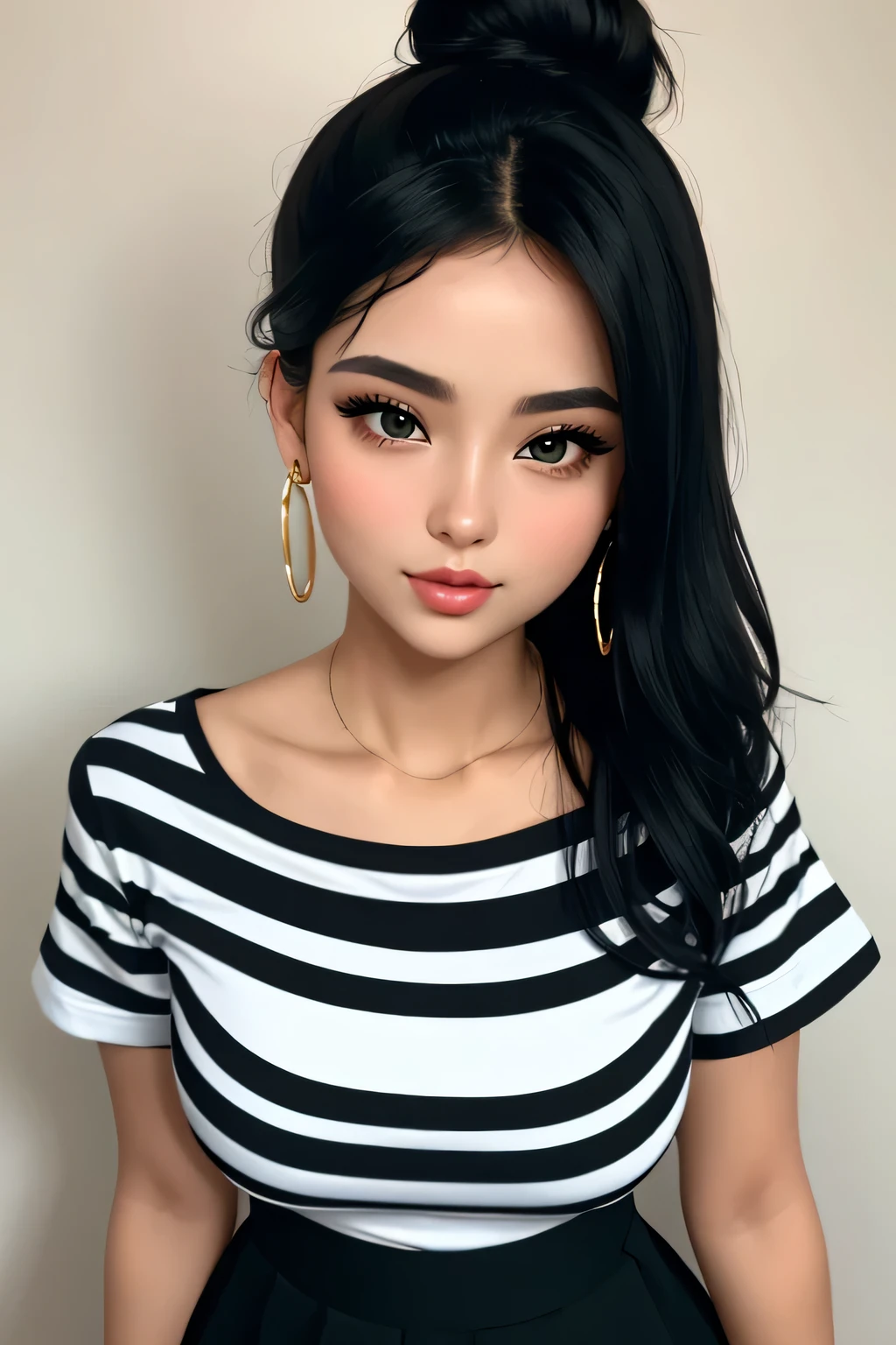 Amazing portrait of a sexy and  woman with a beautiful face with seductive eyes gazing intensely at me with her soft lips parted in anticipation of a kiss which is making her blush intensely her lips are also curved in a soft smile she has her luscious black hair in a cute bun wearing a black and white striped t shirt and a dark green skirt paired with some elegant earrings her t shirt showing her medium chest and perfect body off 
