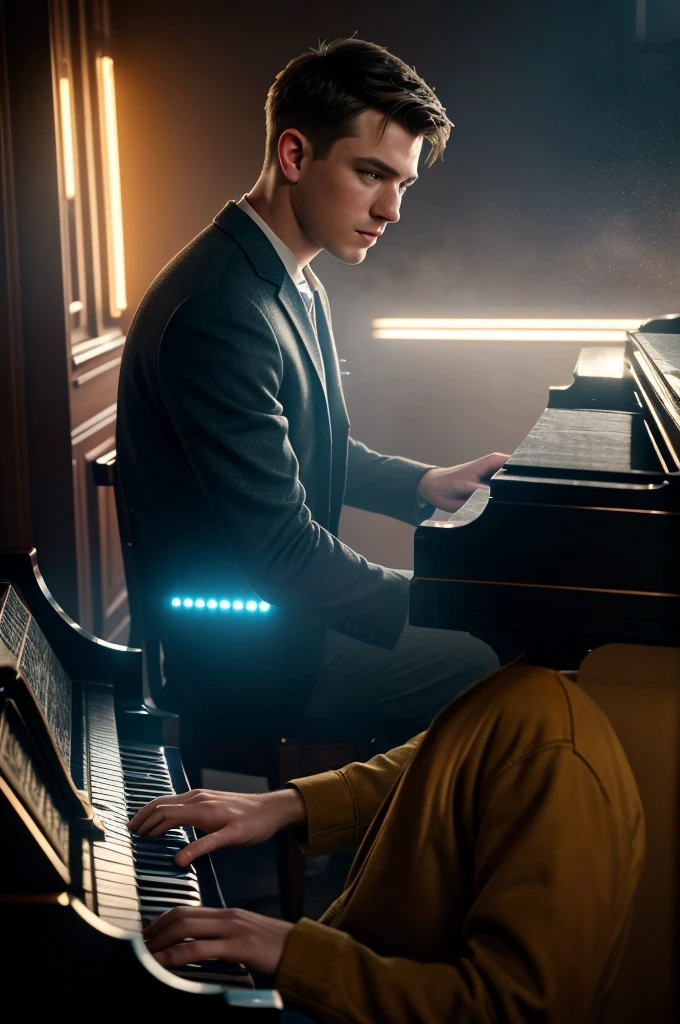 Masterpiece, Best Quality, Very detailed, sharp focus, dynamic lighting, vivid colors, texture detail, particle effects, narrative elements, narrative style, 16k, HDR, subject-background isolation,
surreal dramatic lighting shadow (praise, analogous thing), Kodak Film by Brandon Woelfel Ryan McGinley,
1 brother is playing a piano, (perfect hand:1.2),