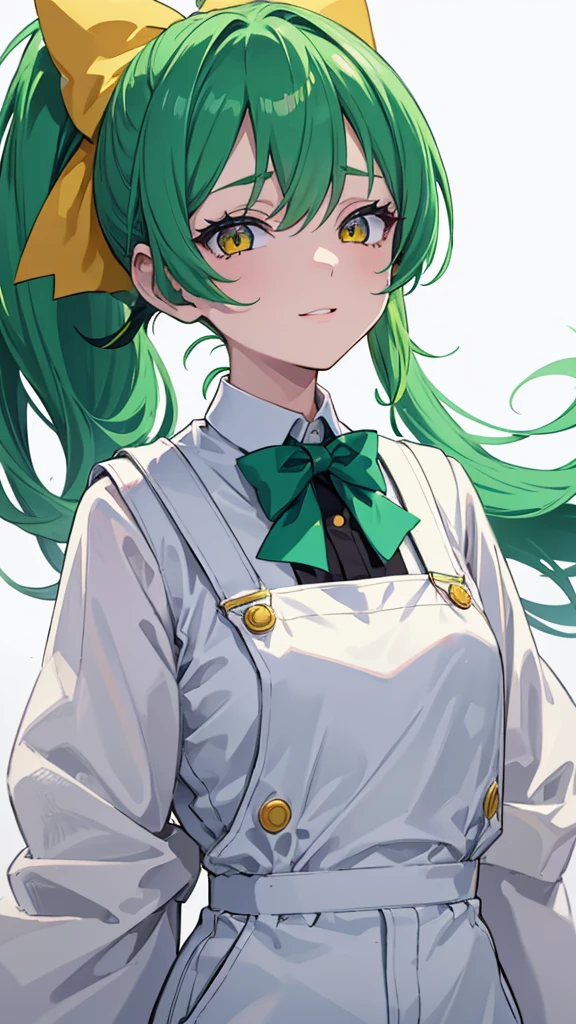 upper body,1girl,green hair,yellow eyes,low ponytail,white suit,green overalls,Purple bow tie,detailed face,mesugaki,hyper detailed,cinematic lighting,best quality,masterpiece,blue background