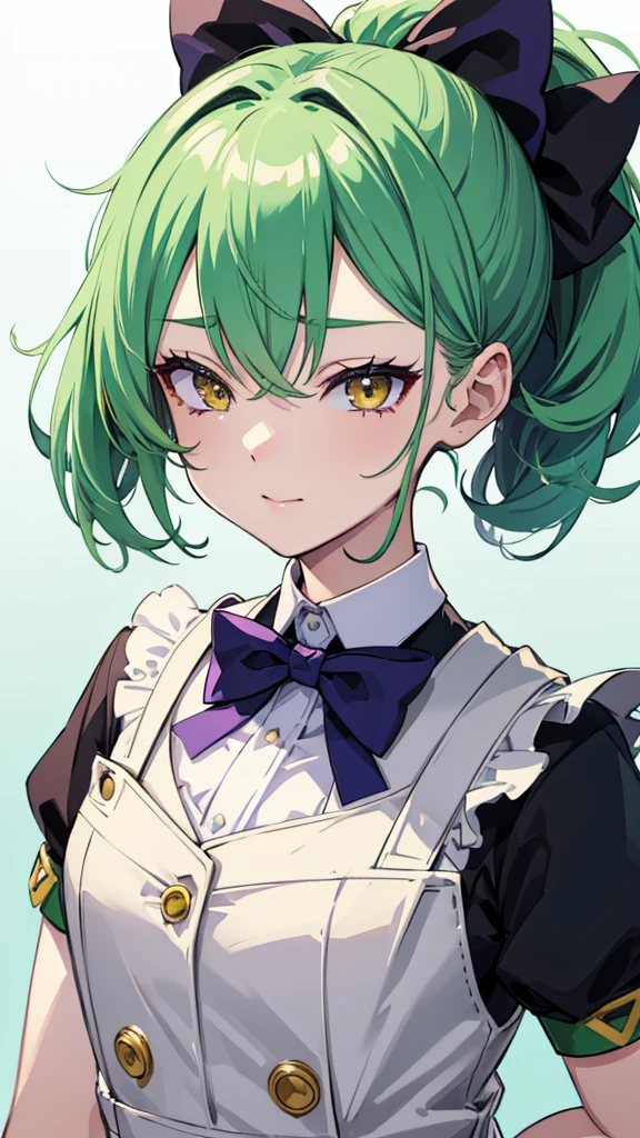 upper body,1girl,green hair,yellow eyes,low ponytail,white suit,green overalls,Purple bow tie,detailed face,mesugaki,hyper detailed,cinematic lighting,best quality,masterpiece,blue background