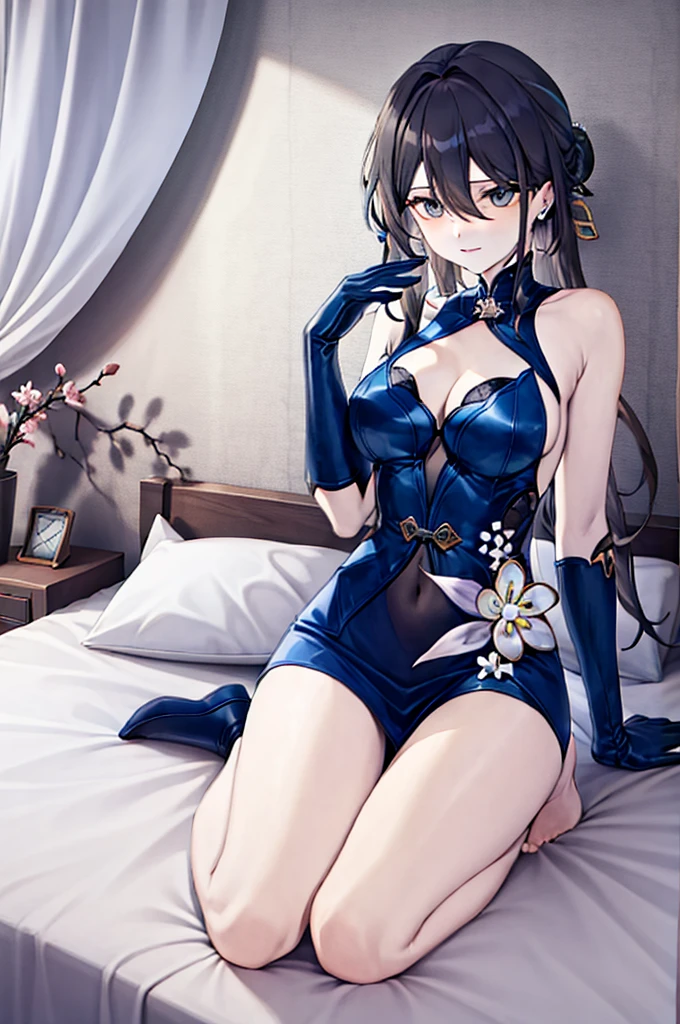 RUANMEI,Bangs,Long hair,skirt,Gloves,Hair between the eyes,Jewelry,Hair accessories,blue eyes,Black Hair,flower,black Gloves,blue skirt,indoors,bedroom,on the bed,A faint smile,wet, 1 Girl,
,  (masterpiece,best quality:1.2),absurd，whole body,,pretty feet，Bare legs,sexy,tall,thin legs,ass,after having sex