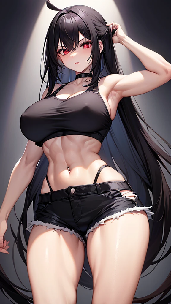 1 girl, muscular, black hair, red eyes, pale skin, solo, shoulder length hair, curvy, wide hips, thick thighs, very huge breasts, (black choker, black crop top and black jean booty shorts), sultry, navel piercing, midriff six pack abs