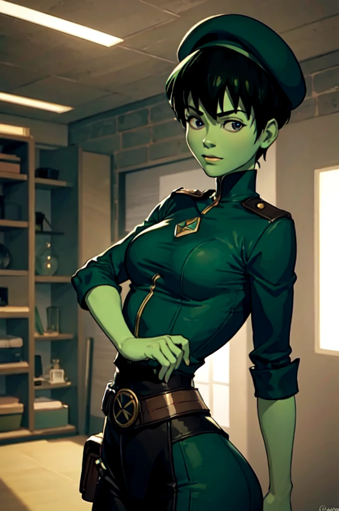 ultra detailed, masterpiece, best quality, solo, 
 D0tMatrix, green skin, dark green hair, black hair,  gallia_uniform, beret,