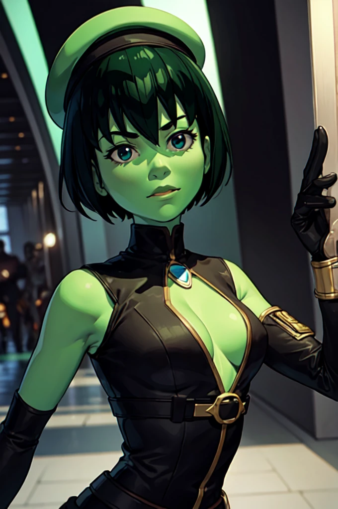 ultra detailed, masterpiece, best quality, solo, 
 D0tMatrix, green skin, dark green hair, black hair,  gallia_uniform, beret,