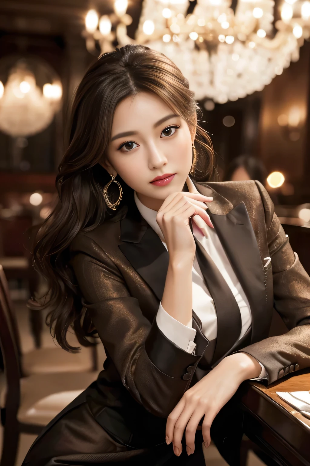 A woman in a suit sitting at a table with a chandelier - SeaArt AI