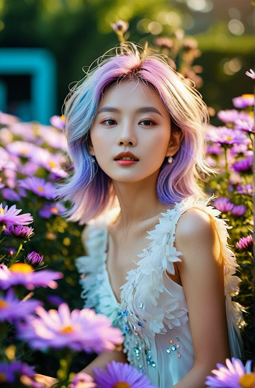 cinematic photo prismatic fairy girl,in Aster garden environment + bokeh + polychromatic hues + crisp + clear ,Jung Ji-Yeon from South Korea,white shag hair,leogirl . 35mm photograph, film, bokeh, professional, 4k, highly detailed