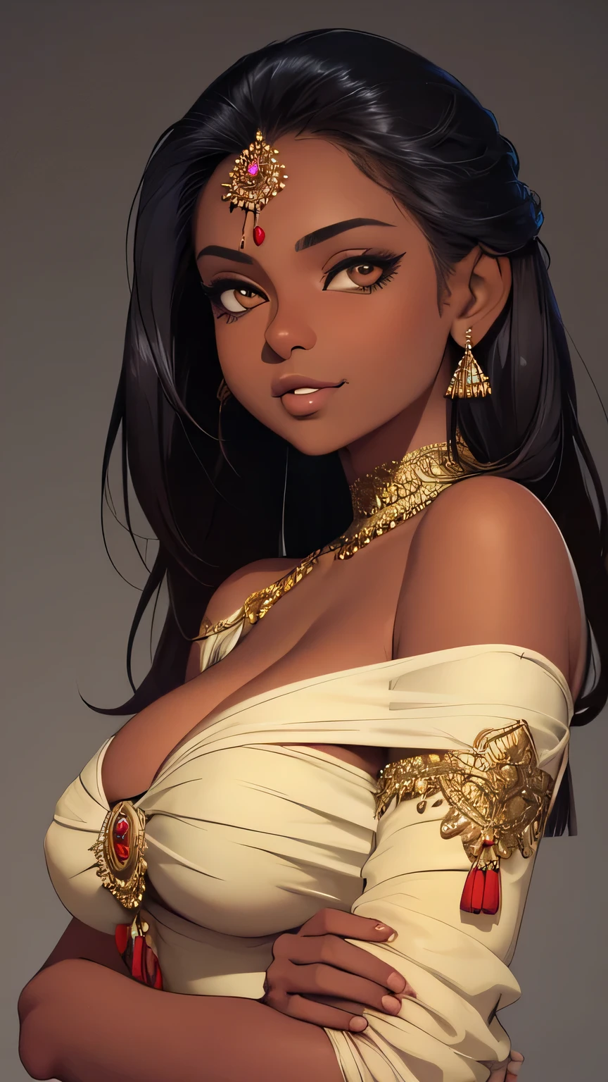 (best qualityer, work of art), 1 girl, Indian，estilo Indian, breasts big，Off-the-shoulder dress，ssmile，portraite，darkskin