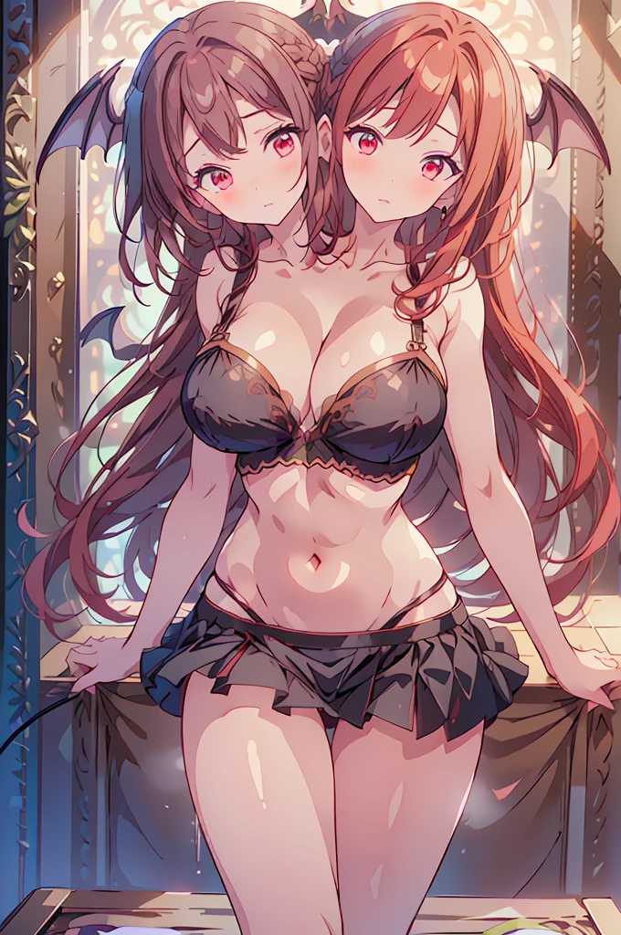 (masterpiece, best quality),best quality, (ultra-detailed), (((3heads:1.5))), 1girl, (koakuma:1.3), masterpiece, best quality, ultra quality, ultra resolution, ultra detail, white and black top, crop top, ((stomach)), midriff, ((groin)), black skirt, normal ears, shackles, red hair, very long hair, wavy hair, sidelocks, red eyes, (same hair color), (redhead), parted lips, open belly, sweat, cute, toned belly, hand on own chest, eyelashes, (24 year old woman:1.3), (masterpiece:1.5), (best quality:1.5), (beautiful detailed), extremely detailed CG, extremely delicate and beautiful, depth of field, (finely detailed face), (perfect details:1.4), (mature female:1.3), wide pelvis, slender, large veiny breast, 16k resolution, highres, high quality, high definition, extremely detailed, masterpiece, red hair, long hair, alluring presence, braid, short skirt, close up, very big tits, huge tits, young, bat wings, demon girl, demon tail, demon wings, head wings, girl with three heads, three headed girl,