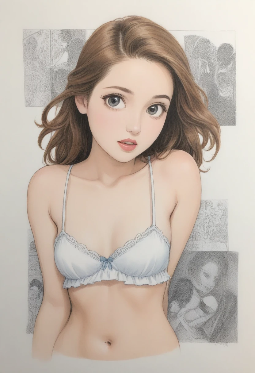  female，short camisole，white，Art，ad，colour pencil drawing，draft drawing ，comic collage
