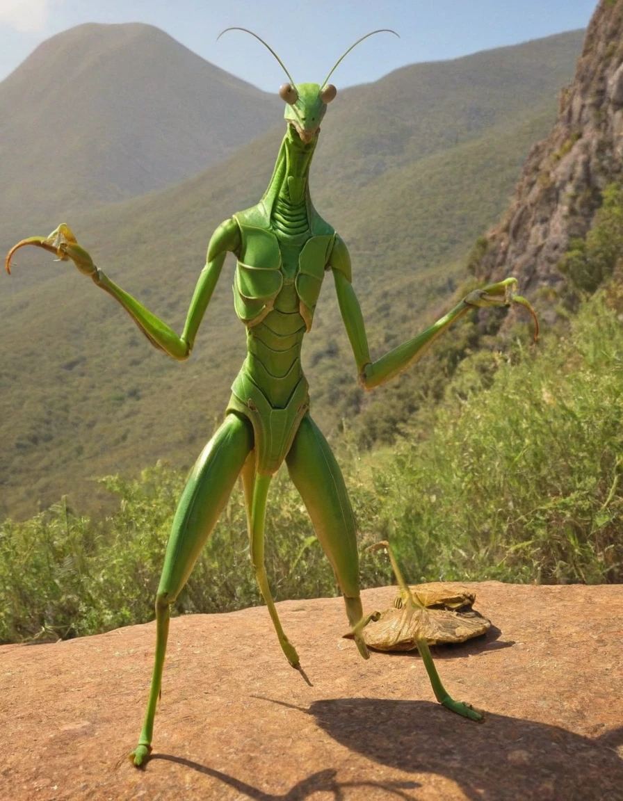 horor, insects, Green Alien, full-body view, plein air, Fantasy, actionpose, praying mantis, the sickle is sharp, tussock