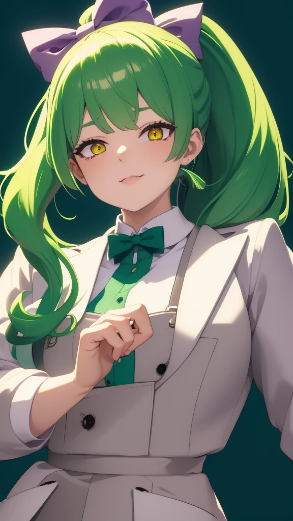 upper body,1girl,green hair,yellow eyes,low ponytail,white suit,green overalls,Purple bow tie,detailed face,mesugaki,hyper detailed,cinematic lighting,best quality,masterpiece,blue background