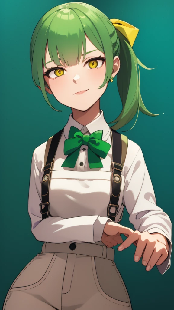 upper body,1girl,green hair,yellow eyes,low ponytail,white suit,green overalls,Purple bow tie,detailed face,mesugaki,hyper detailed,cinematic lighting,best quality,masterpiece,blue background