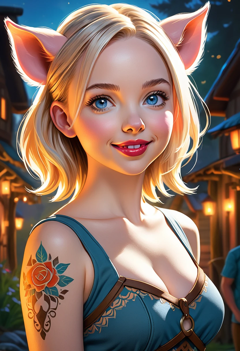 Create an illustrated, hand-drawn, full-color image of an anthropomorphic pig girl. The artwork should be rendered in the style of "Breath of the Wild," featuring warm lighting and shadows. Include graphite shading, stencil marks, and airbrushed acrylic paint effects. The image should be of the highest quality, a masterpiece with intricate details.
The pig girl should have a female, humanoid, furry appearance with grey skin. She should have luscious lips, a wide smile, and bright, expressive eyes, exuding beauty, cuteness, and adorableness. Ensure the image is high resolution and sharply detailed, with a detailed and vibrant background. Scarlett Johanson, Alison Brie, Dove Cameron
Incorporate mystical lighting in the background, creating a romantic and enchanting atmosphere.
