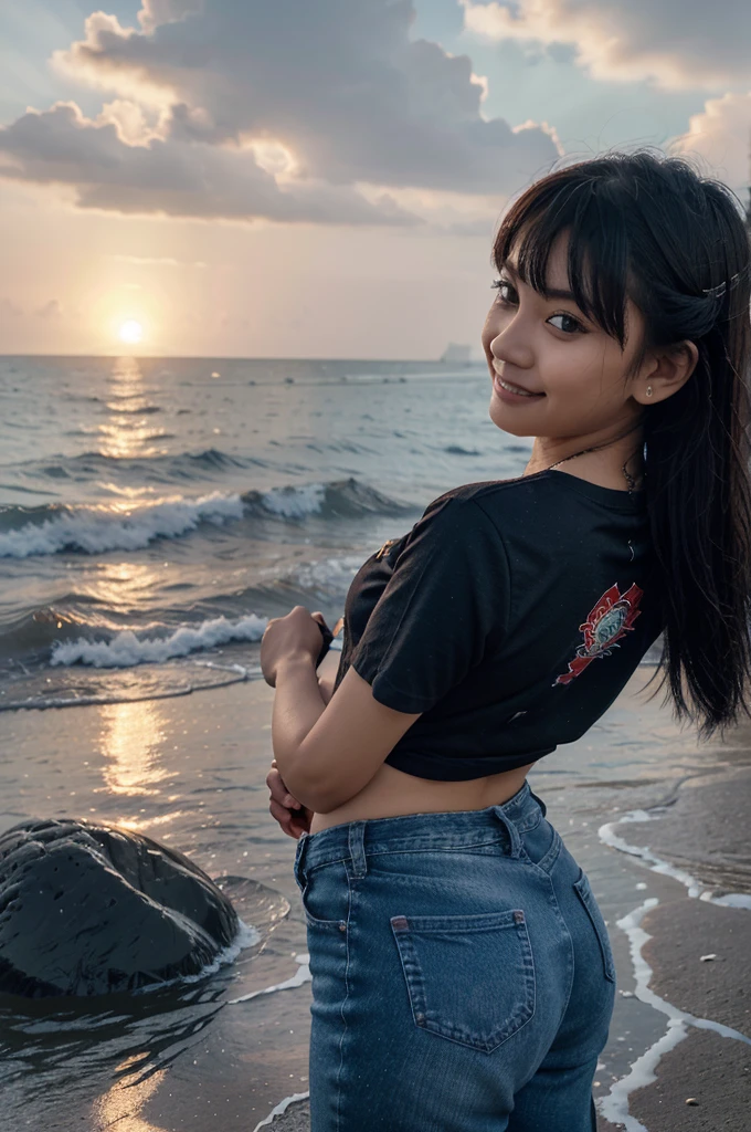 Karikatur 3d, 1 gadis,tshirt,jeans, 独奏, little smile, pantai, (the sun has set: 1.1), Riu_Kitagawa (Idol engraving), 独奏, hiasan rambut bintang, kepang kembar, sparkling, the sun has set yang besar, floating red, uniform, night, waving, sea, 1 lighthouse, shallow depth of field, sketsa, very detailed, high budget, bokeh, cinemascope, gloomy, epik, beautiful