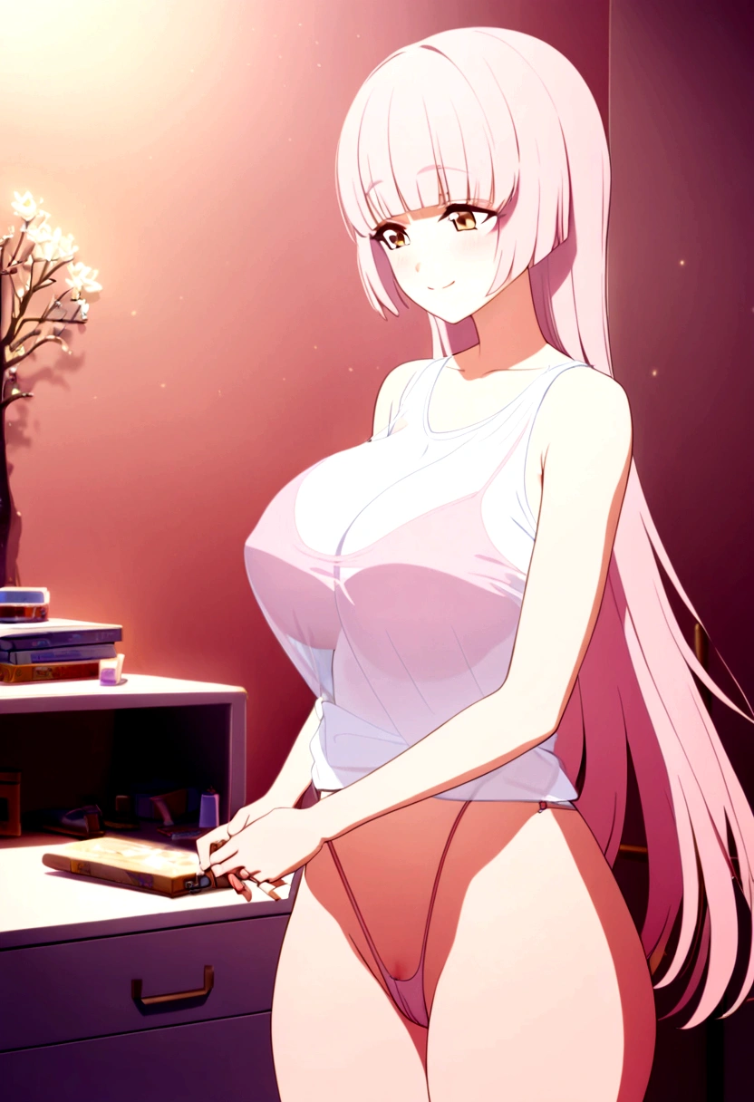 girl, mini tank top, huge breast, thong, thicc thigh, pink, charming smile, light pink hair, hime cut hair, long hair, see through tank top, pussy hair, girl room