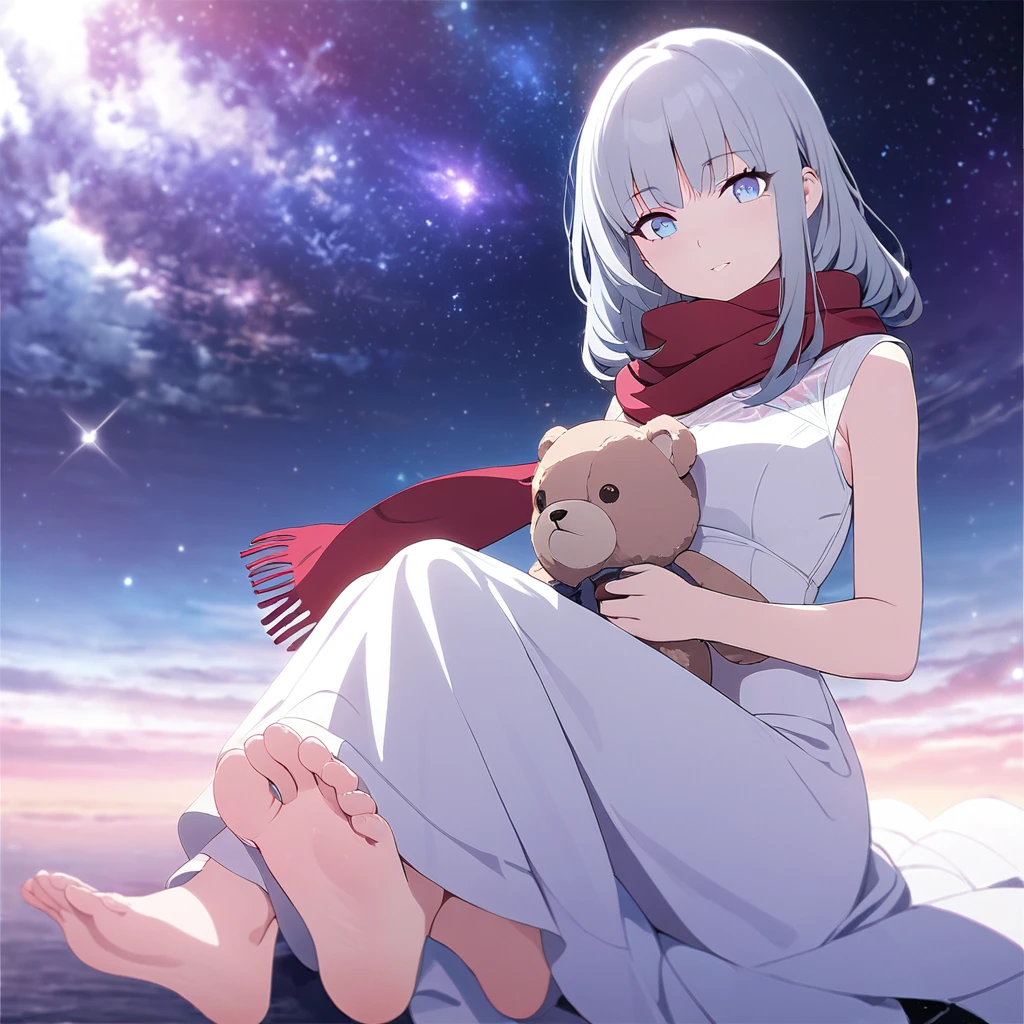 (((masterpiece))), (((best quality))),(((high detail))),light manipulation, girl with long silver hair, gradient purple to sky blue eyes, wearing a white dress, a red scarf, galaxy background, holding a teddy bear, feet, no footwear