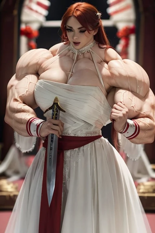 A beautiful, buff, bloody, pale white skinned Asian muscular bride in a beautiful bloody slightly torn wedding dress, (red hair), green eyes, black lipstick, large breast, (ginormous bulky muscles), (blood stained body), ((wearing a bloody wedding dress)), (close view), long hair, ((massive muscles)), ((hyper muscles)), covered in blood, (carrying a zweihander sword), in a destroyed church, massive muscles