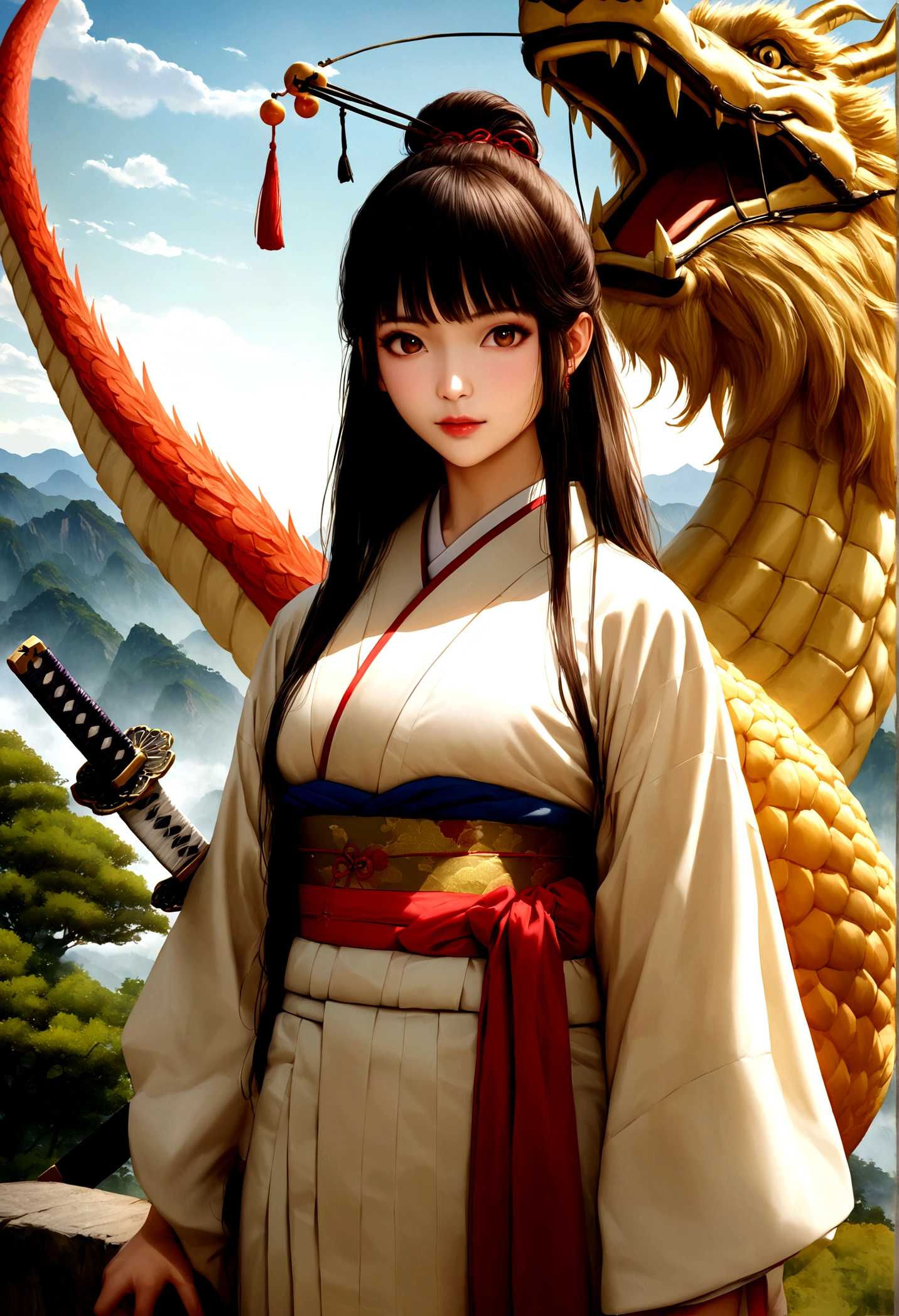 /imagine "Roronoa Zoro with long hair tied up, wearing a detailed traditional Japanese kimono, with katanas on their waist. He is next to a majestic Chinese dragon, in a stunning landscape setting. The art must have anime features, be highly realistic and of very high quality, capturing every detail accurately."