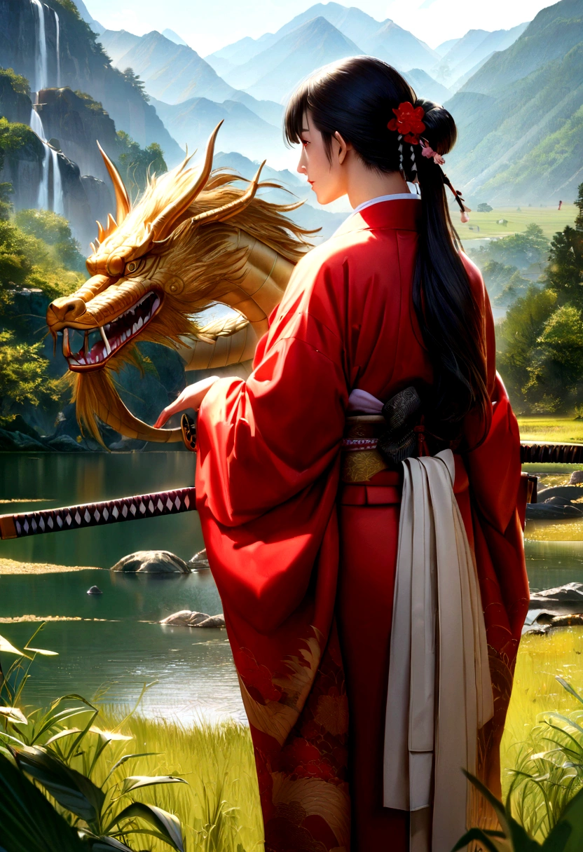 /imagine "Roronoa Zoro with long hair tied up, wearing a detailed traditional Japanese kimono, with katanas on their waist. He is next to a majestic Chinese dragon, in a stunning landscape setting. The art must have anime features, be highly realistic and of very high quality, capturing every detail accurately."