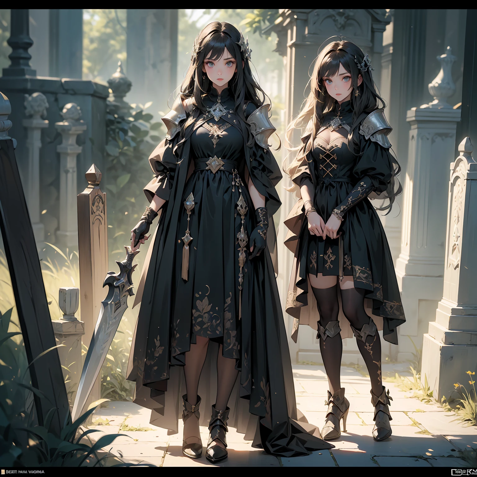 (((masterpiece, best quality, high detailed, 8k))) Design a layout showcase Gaming character, (1girl). Black|Gold clothes, stylish and unique. ((showcase weapon:1.4)), dark scythe. (masterpiece:1.2), (best quality), 4k, ultra-detailed. (Step by step design, layout art:1.5), (luminous lighting, atmospheric lighting). necromancer, ((glove full hands)), (((revealing clothes:1.3))), vambraces, armored legwear, (((full_body_shot:1.4))). {In a haunted graveyard}.
