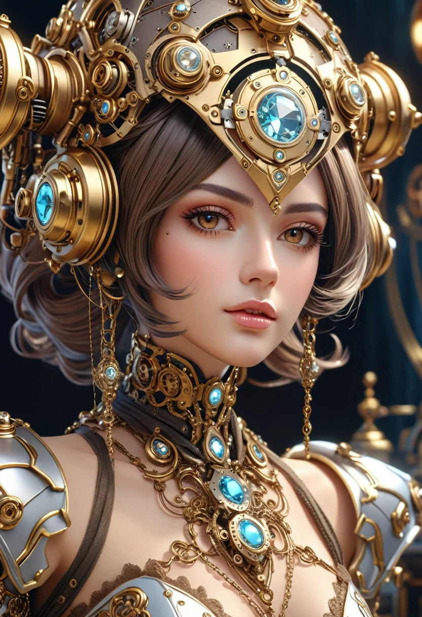 A steam punk style diamond robot with a human like diamond face. female figure. Wearing wig of spun diamond. Ultra HD, Rococo-Inspired Fantasy Art With Intricate Details. (8K High Resolution) (top-quality)