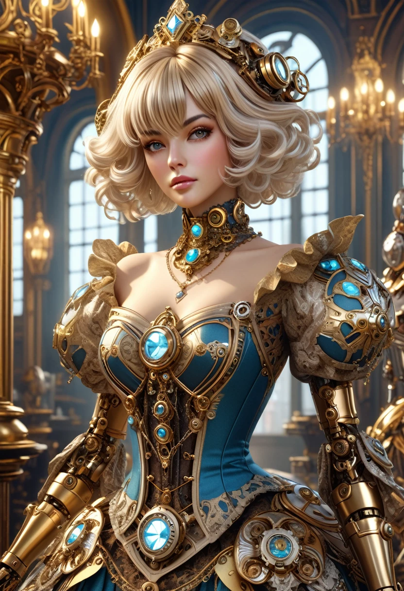 A steam punk style diamond robot with a human like diamond face. female figure. Wearing wig of spun diamond. Ultra HD, Rococo-Inspired Fantasy Art With Intricate Details. (8K High Resolution) (top-quality)