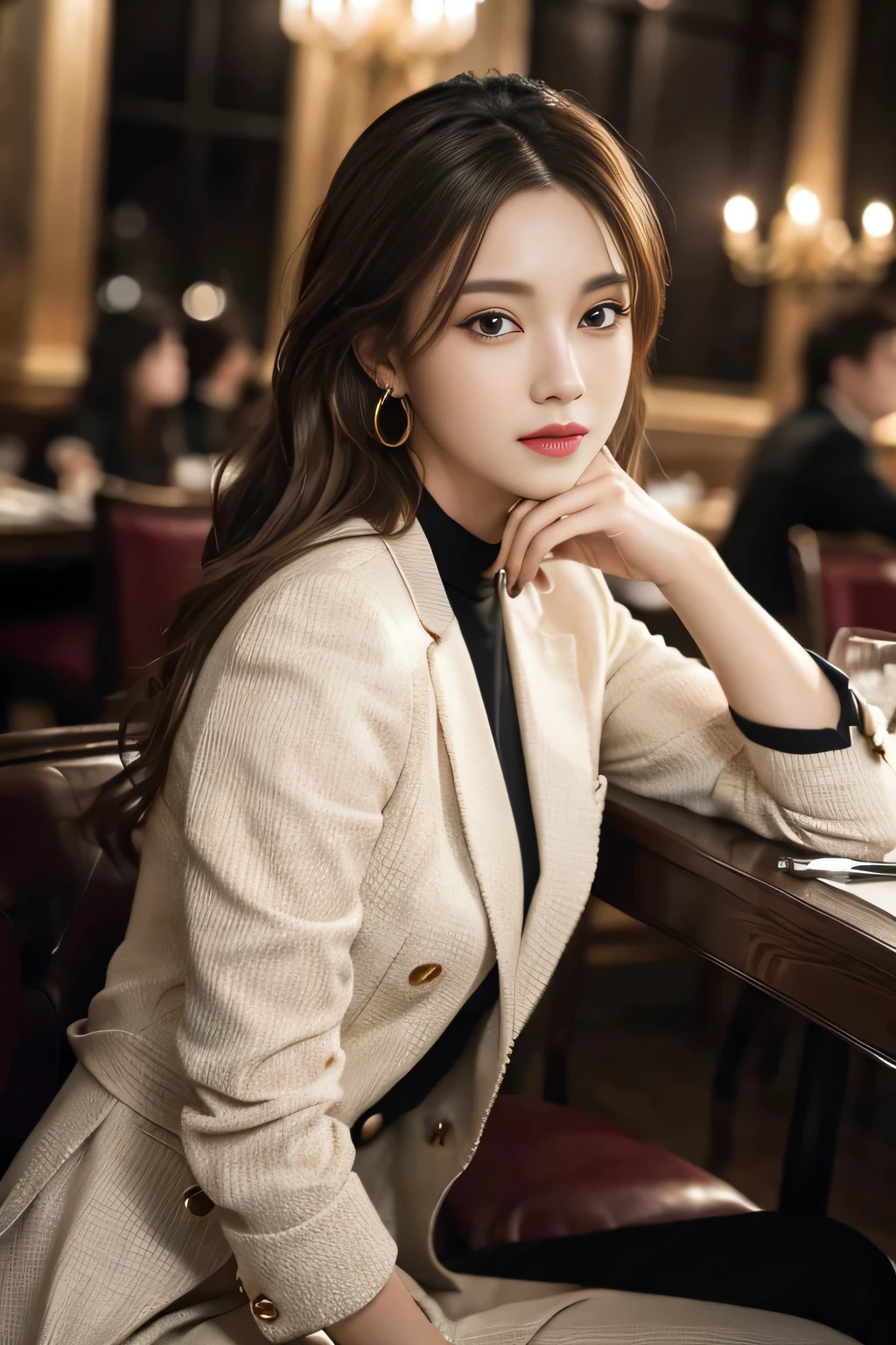 masterpiece, Highest quality, Realistic, Very detailed, Finer details, High resolution, 8k wallpaper, One beautiful woman, Wear a nice suit, In a great restaurant, At night, Light brown messy hair, Perfect dynamic composition, Beautiful and beautiful eyes、Big earrings、Sit on a chair、