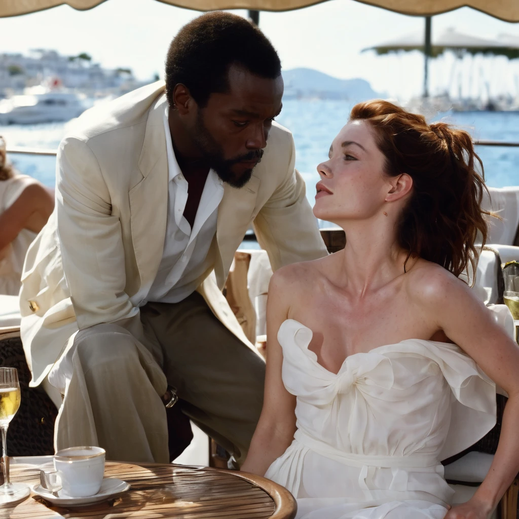 English 22 y.o. Actress Anna Friel, with freckles, bare neck, bare shoulders, white chiffon attire, sitting at an outdoors bistro, in Cannes, leaning down to fix her ankles straps with tilted neck, strong burly dark-skinned African man on her side, she sits on his knees, he kisses her on the lips, she hugs him