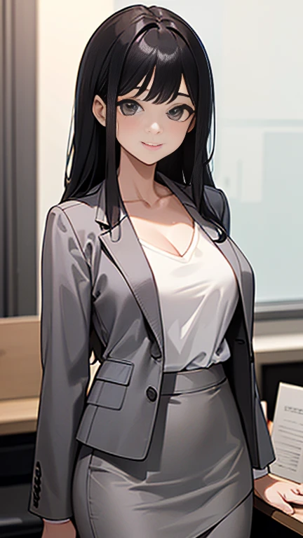(8K、Best image quality、Highest quality、masterpiece)、Detailed face、 Girl、Black Hair、Long Hair、Diagonal bangs、smile、Medium chest、((Grey suit jacket:1.2))、(White T-shirt))、Cleavage、((Grey pencil skirt:1.2))、Cowboy Shot、office、((Dark Room:1.2))