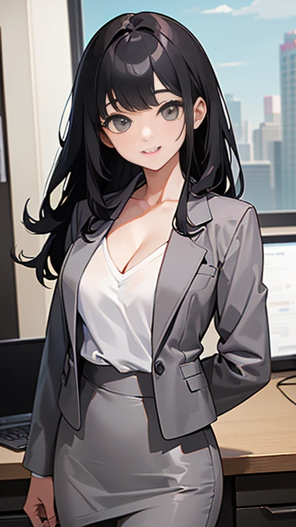 (8K、Best image quality、Highest quality、masterpiece)、Detailed face、 Girl、Attractive office lady,Mature Woman,28 years old,Black Hair、Long Hair、Diagonal bangs、smile、Medium chest、((Grey suit jacket:1.2))、(White T-shirt))、Cleavage、((Grey pencil skirt:1.2))、Cowboy Shot、office、Take off your jacket