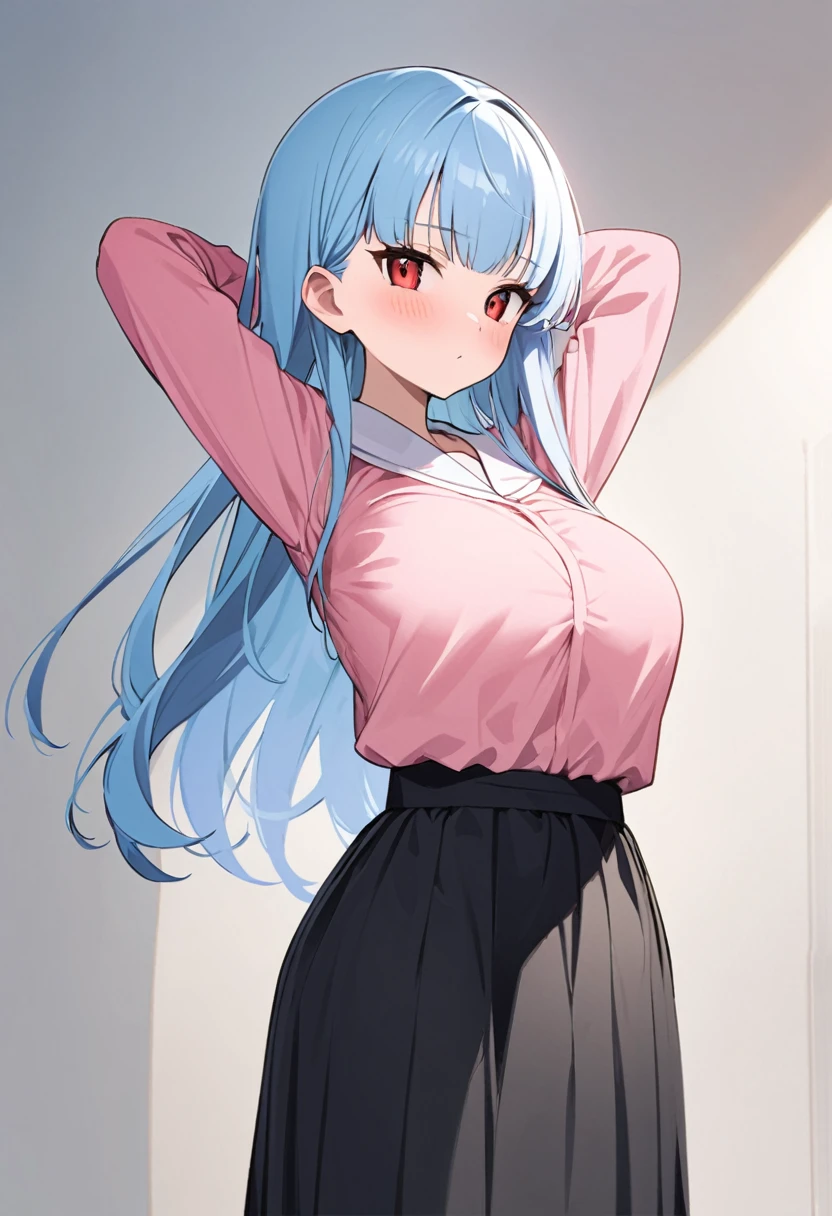 My name is Yukiko., I am a white test ,with light blue  hair, red eyes and I am 138 cm tall and weigh 34 kg. My breasts measure 160 cm, my waist measures 20 cm and my hips measure 60 cm. Dressed in a black skirt along with a pink blouse. With breasts 160 cm