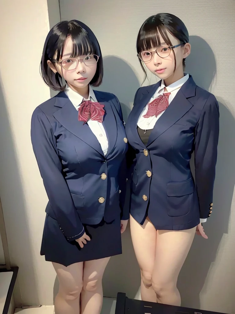 Highest quality、masterpiece、、Very detailed、Realistic、(Two Girls)、(Looking at me with a mischievous smile)、whole body、Small face、Narrow shoulders、(Big Breasts:1.4)、Thin and beautiful legs、Tight and slim waist、 uniform、(Navy blue blazer jacket)、(White shirt with buttons and collar:1.2)、(Navy blue mini skirt:1.1)、(Red bow tie)、Short Hair、(Leaning forward:1.6)、Glasses