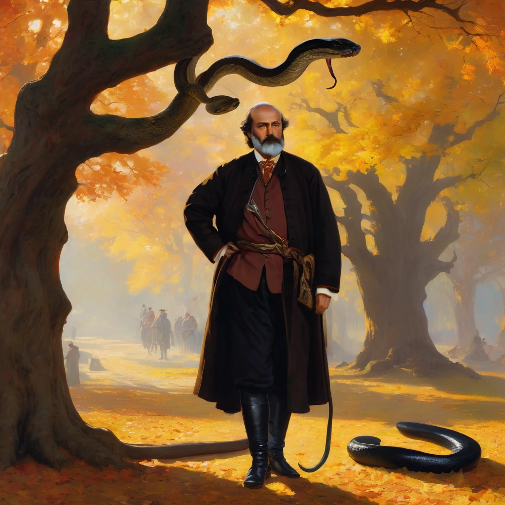 A middle-aged Georgian man in a traditional outfit, with a serious face, looking forward, standing under a giant oak tree. A man bound by a snake, another man holding the snake's head. The scene is set in autumn, with leaves scattered on the ground. The artwork is in the style of Albert Bierstadt.
