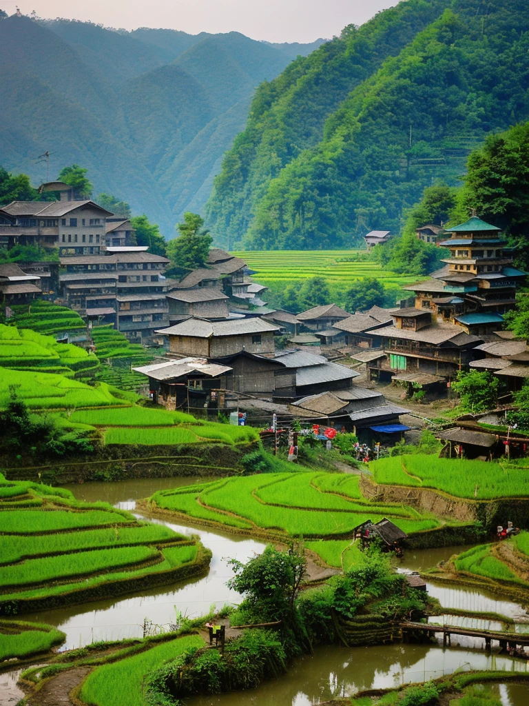 (Southeast Guizhou, China), village, country people, film lighting, centered character, rice fields in the background