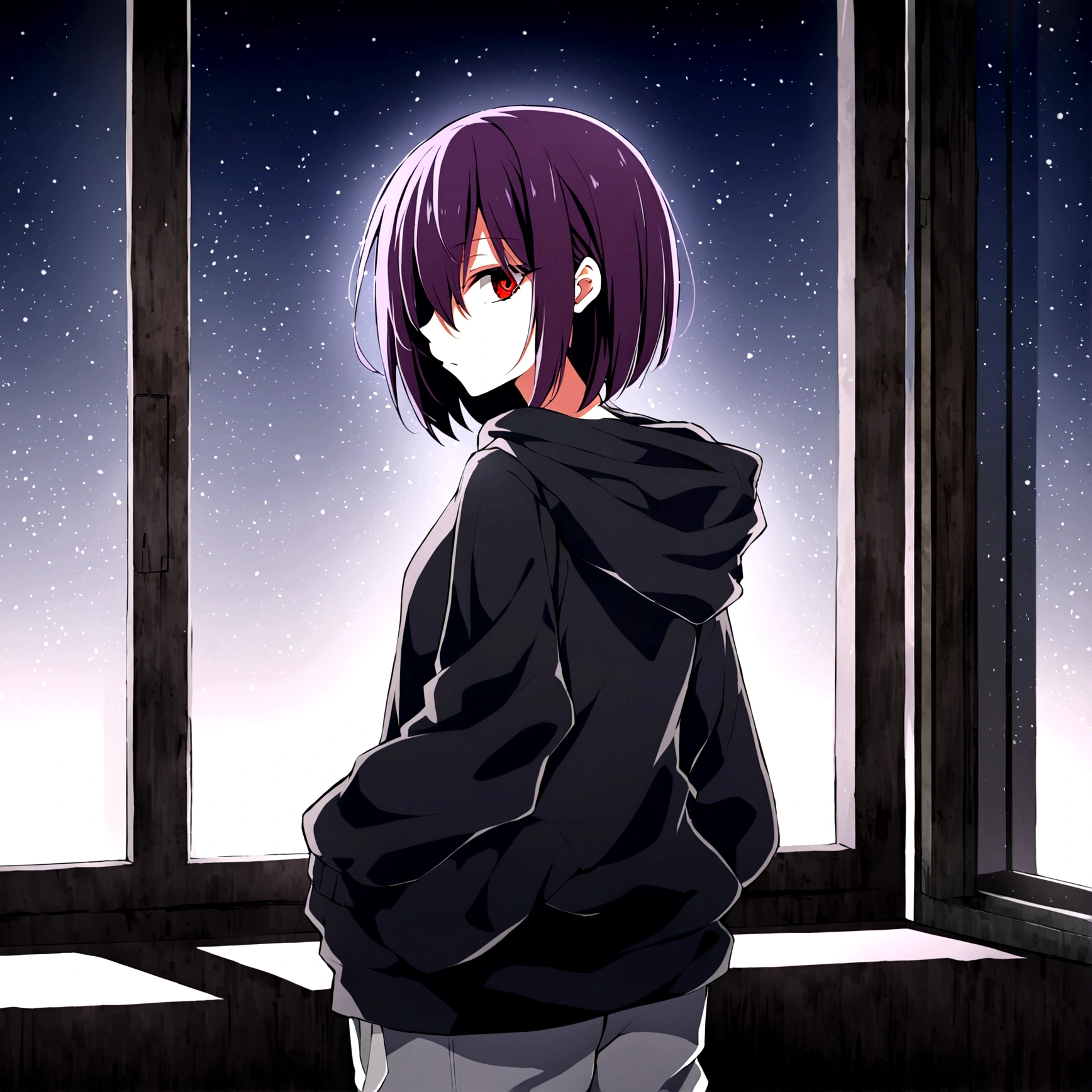 1girl, girl looking in the distance through a window, no light in the room, night outside, shot from the outside of the window, no expression, no emotion, baggy hoodie and sweatpants, dark gothic makeup, small dark circles around eyes, red eyes, dark purple hair, short, covers the right eye, anime, creative composition, dramatic lighting, --ar 16:9 --niji 5