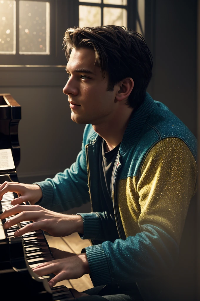 Masterpiece, Best Quality, Very detailed, sharp focus, dynamic lighting, vivid colors, texture detail, particle effects, narrative elements, narrative style, 16k, HDR, subject-background isolation,
surreal dramatic lighting shadow (praise, analogous thing), Kodak Film by Brandon Woelfel Ryan McGinley,
1 brother is playing a piano, (perfect hand:1.2),