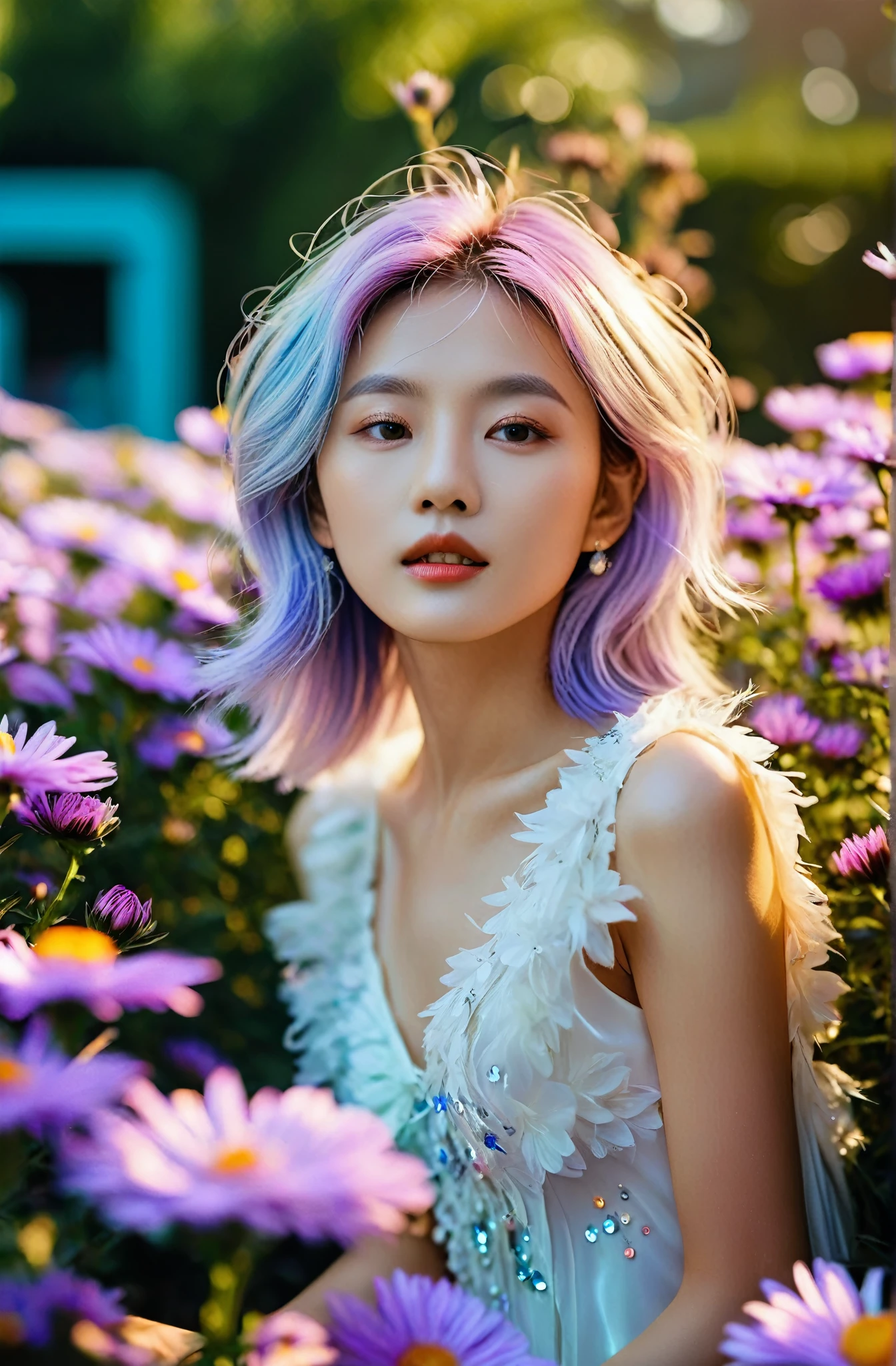 cinematic photo prismatic fairy girl,in Aster garden environment + bokeh + polychromatic hues + crisp + clear ,Jung Ji-Yeon from South Korea,white shag hair,leogirl . 35mm photograph, film, bokeh, professional, 4k, highly detailed
