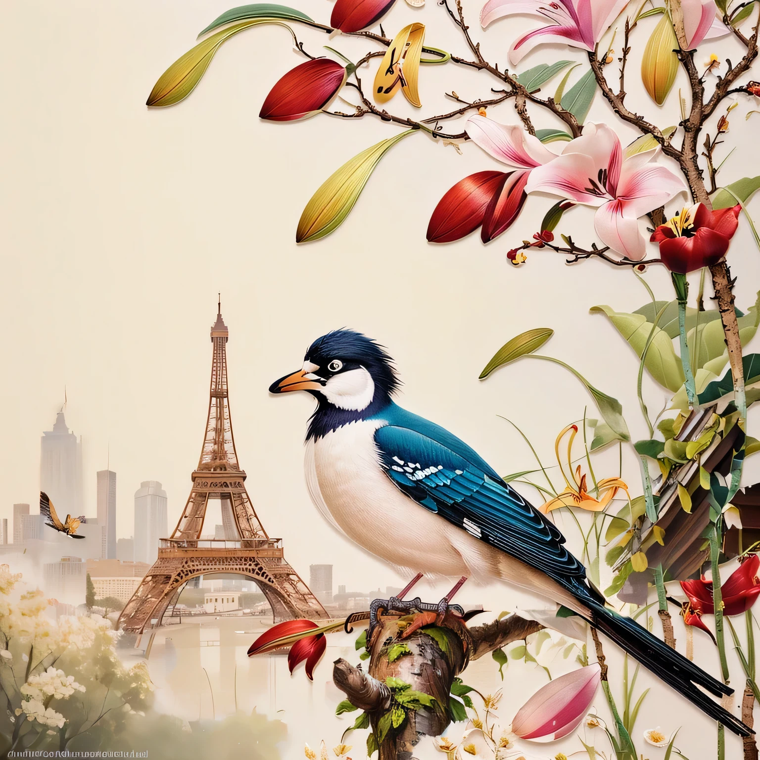A bird perched on a tree branch, with flowers and a building in the background, in the style of Pierre Roy, vincent callebaut, Joop Senders, Francois Boucher, Albert Kotin, Rainer Hosch, Paris portrait, Bernard D'Andrea, Eugène Delacroix, Camille Bombois, (best quality,4K,8K,highres,masterpiece:1.2),ultra-detailed,(realistic,photorealistic,photo-realistic:1.37),hyperrealistic,detailed feathers,detailed plumage,detailed bird anatomy,extremely detailed bird eyes,detailed flowers,intricate architecture,dramatic lighting,vibrant colors,atmospheric,painterly,Dough,oil painting red part lily