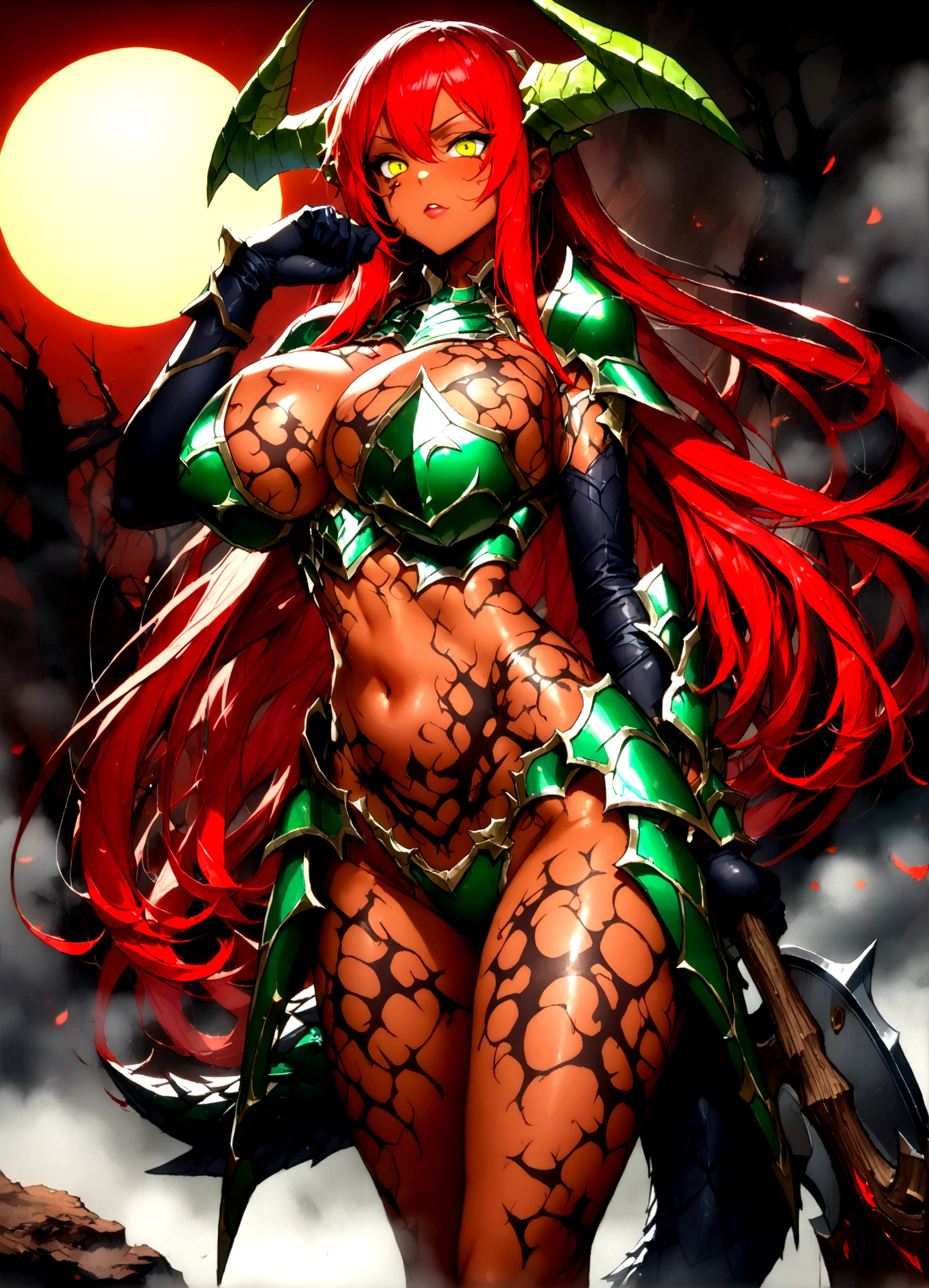 長い髪を持つbeautifulアニメ風のドラゴンガール,((Black Dragon)),(((Red Hair)))Long one curl hair,(((Highest quality)))Transparent Hair,Evil Face,Eyes full of desire,(((Yellow-green eyes))),Greedy Beauty,(((A well-defined, glamorous body)))((Huge bust))Tight waist,(((Doing body paint)))A radical beauty wearing a risqué bikini armor,(Dragonbone Armor),Dragon&#39;s Ear,Dragon Horn,Dragon&#39;s Tail,((Extreme Armor)),((Armor exposing the chest, navel, and thighs)),((Tan Skin)),beautiful,(((Black Dragonに跨る姿))),((Holding a large axe in his right hand)),(((detailed)))Full Body Shot,(((background)))fog,Red Moon,dead tree,Barren Land。