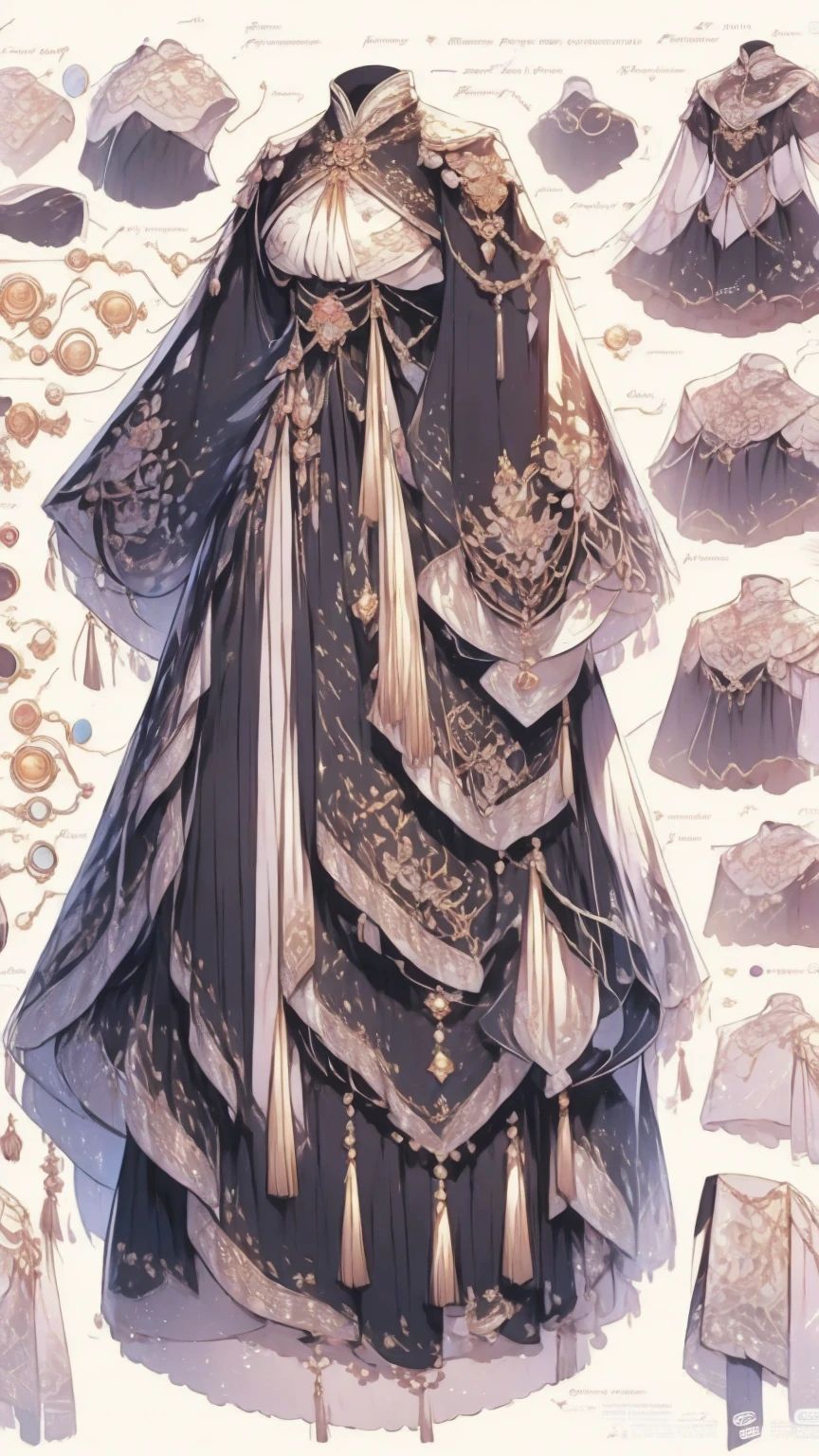 There are a lot of close-ups of dresses in different designs, very detailed and  a belly dance costume, alphonse mucha and rossdraws, by Yang J, inspired by Fenghua Zhong, full color illustration, a beautiful fantasy empress, inspired by Lan Ying, by Shen Zhou, a beautiful artwork illustration, by Qu Leilei, by Yan Hui, by Zeng Jing, by Lu Guang