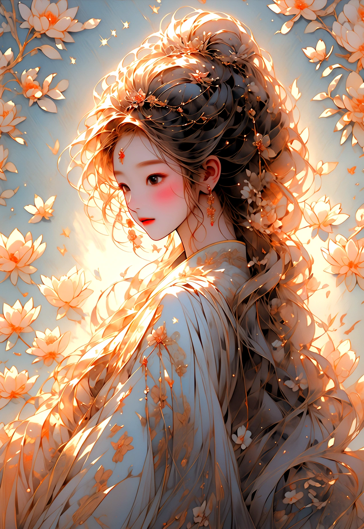 masterpiece, Highest quality: 1.4), Detailed Background,A woman and two men、A beautiful female fairy and a male fairy from ancient China look at each other、Reunion、joy、溢れるjoy、A woman and two men、streamer,Gauze cloth,Floating in the air,Elevation angle of view,The Milky Way is amazing,The full moon is empty,