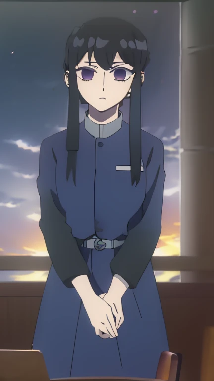 demon slayer anime style, Kotouji Agamaki, 1 girl 22 years old, serious and calm with gold eyes and pronounced eyebrows, Long straight braided hair surrounding your hair, dark purple hair with the most striking violet tips and two side sideburns of hair and long bangs, She wears a long-sleeved hunter uniform with a dark magenta skirt and everything., a katana, a black japanese coat with gold floral). Kimetsu no yaiba anime. sitting on his legs, in a fic, next to a window from head to toe with landscape background of a cherry tree and a sunset,