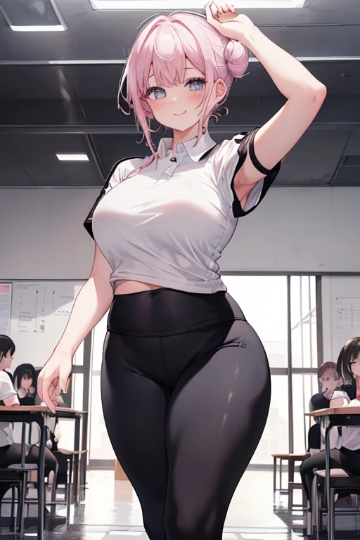 masterpiece、1 female student、(((Missing arm，Bare arms，black short sleeves)))White cloth bun、Shoulder leakage、chubby、Smile、(((Lace、black yoga pants)))pale pink lips、posing at school，（Soaked），legs are open， 独奏, White Polo Shirt, looking at the audience,  (Thick thighs:1.0),It&#39;s raining,Red eyes, Blushed,blunt hair,flower headdress，lawn，hands on hips，creek，black hair，Smile with teeth showing，short hair，garden，(((Side breast leakage，Side chest leakage，Bare arms，Bare arms，Arm leakage)))，(((Bare side chest，Overflowing chest)))，stand at attention，Legs open，clear and bright eyes，Showing side chest