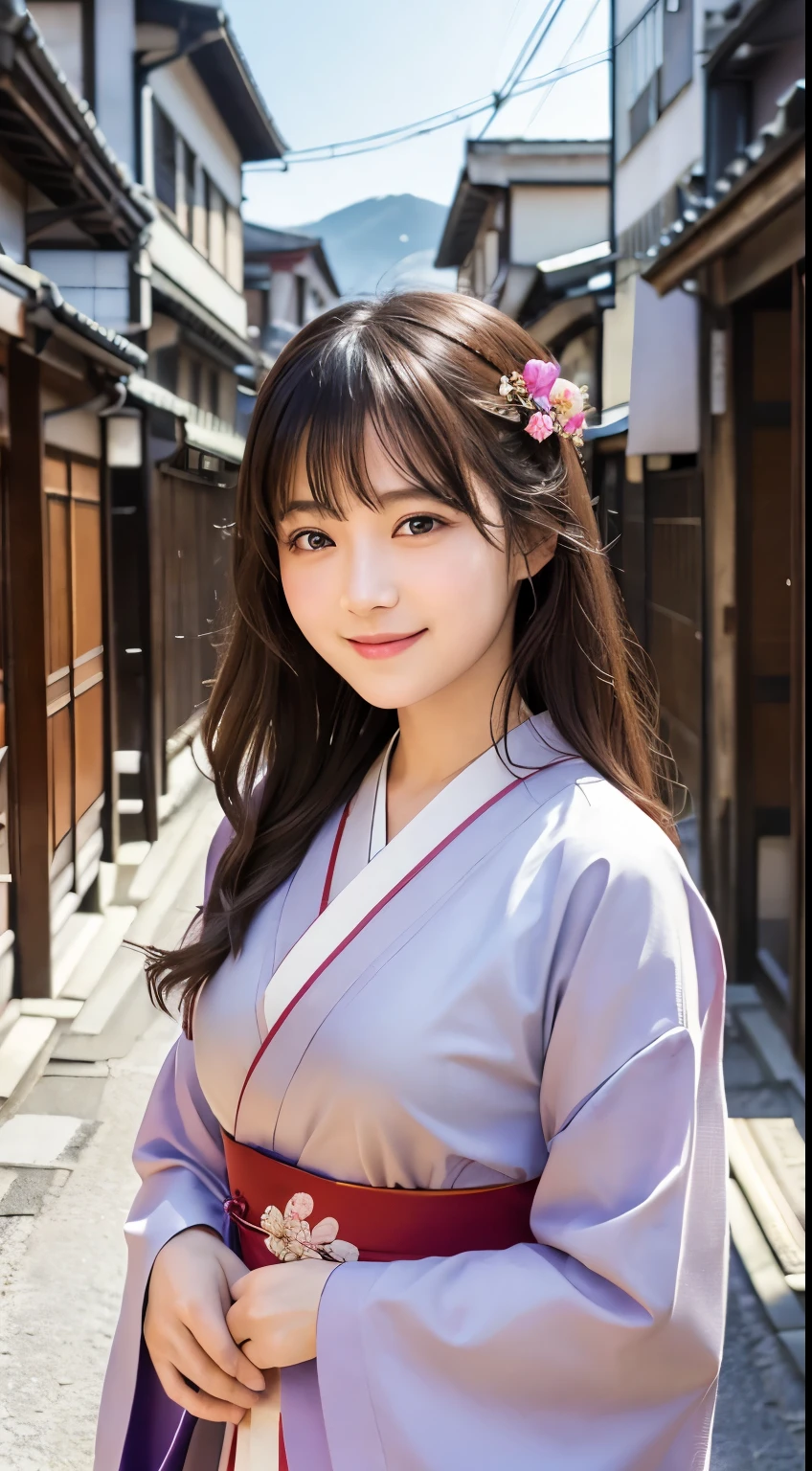 Professional Lighting,(Realistic:1.4), (Top image quality:1.0), (超High resolution:1.0), 8K, Raw photography, (masterpiece:0.2), (Dealing with the Children_v1:0.5)、(最高quality Detail:1.2)、Realistic、8K Ultra HD、High resolution、(1 Girl:1.2)、超detailedな、High quality textures、複雑なdetailed、detailed、Very detailed CG、High quality shadows、detailed 美しく繊細な顔、Beautiful details and a delicate eye、(Symmetrical eyes:1.2),Written boundary depth、Ray Tracing,1 Girl, Japanese Girls, (Natural smile:1.4),cute, thin, Portrait of a beautiful Japanese woman in a kimono, Standing elegantly on a street corner in Kyoto. Kimono with vibrant traditional patterns, Hair decorated with elegant and delicate hairpins, Gentle expression. (With the old streets of Kyoto in the background:1.4)、The soft light of a spring afternoon、Adding tranquility to the scene. Rendered in a Realistic style with great attention to detail, High resolutionの画像.Sky Porn, Magic Hour, (Realistic:1.3), finely, quality, (Tabletop:1.2), (Realistic:1.2), (最高quality), (複雑なdetailed), dramatic, Ray Tracing, photograph, +roller