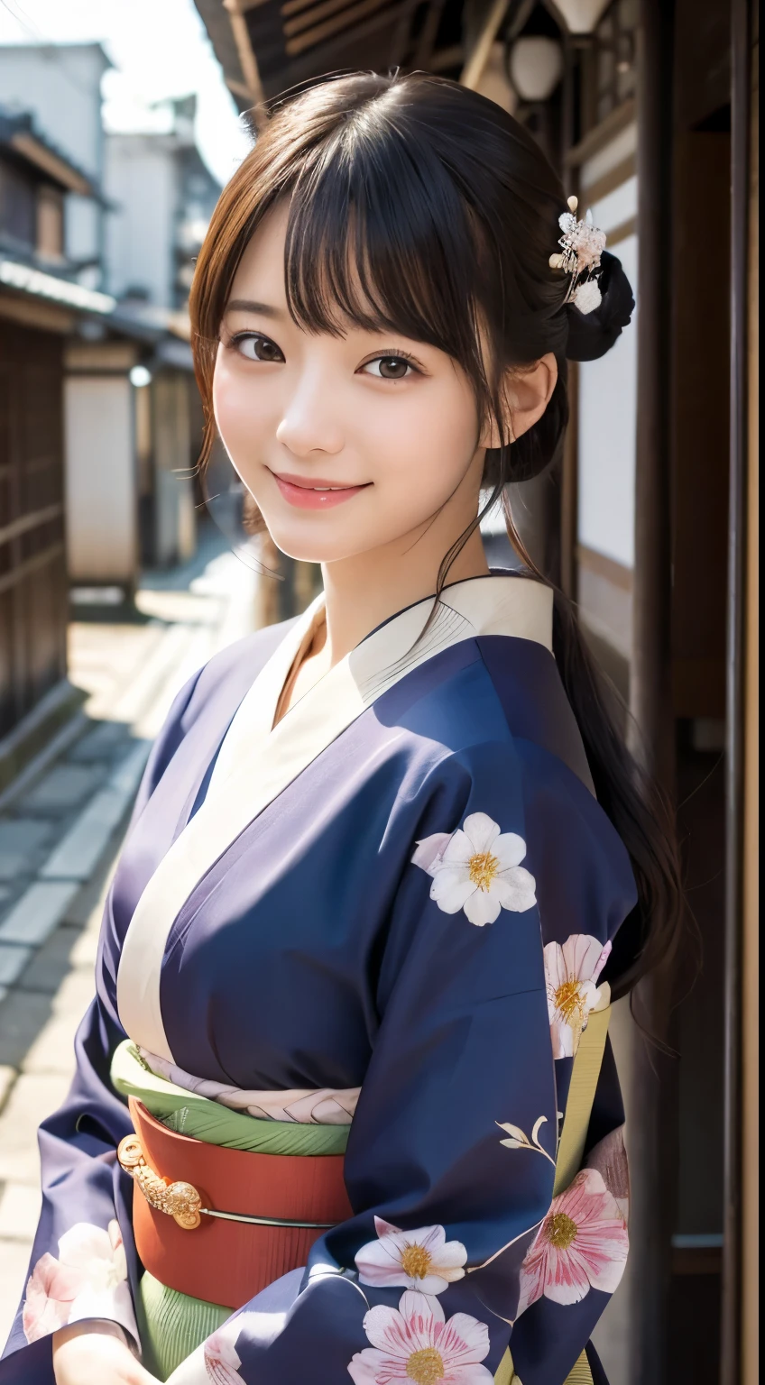 Professional Lighting,(Realistic:1.4), (Top image quality:1.0), (超High resolution:1.0), 8K, Raw photography, (masterpiece:0.2), (Dealing with the Children_v1:0.5)、(最高quality Detail:1.2)、Realistic、8K Ultra HD、High resolution、(1 Girl:1.2)、超detailedな、High quality textures、複雑なdetailed、detailed、Very detailed CG、High quality shadows、detailed 美しく繊細な顔、Beautiful details and a delicate eye、(Symmetrical eyes:1.2),Written boundary depth、Ray Tracing,1 Girl, Japanese Girls, (Natural smile:1.4),cute, thin, Portrait of a beautiful Japanese woman in a kimono, Standing elegantly on a street corner in Kyoto. Kimono with vibrant traditional patterns, Hair decorated with elegant and delicate hairpins, Gentle expression. (With the old streets of Kyoto in the background:1.4)、The soft light of a spring afternoon、Adding tranquility to the scene. Rendered in a Realistic style with great attention to detail, High resolutionの画像.Sky Porn, Magic Hour, (Realistic:1.3), finely, quality, (Tabletop:1.2), (Realistic:1.2), (最高quality), (複雑なdetailed), dramatic, Ray Tracing, photograph, +roller