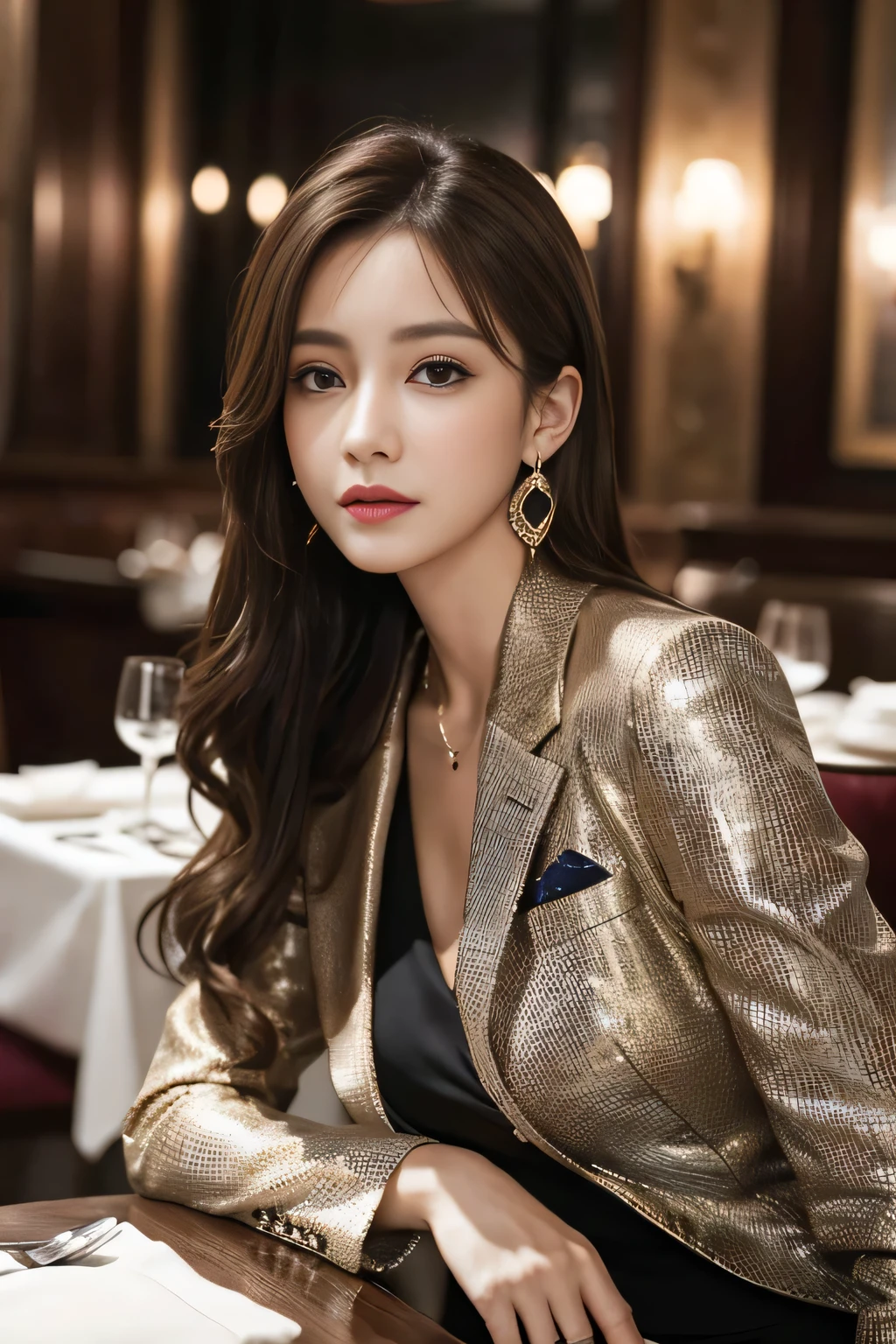 masterpiece, Highest quality, Realistic, Very detailed, Finer details, High resolution, 8k wallpaper, One beautiful woman, Wear a nice suit, In a great restaurant, At night, Light brown messy hair, Perfect dynamic composition, Beautiful and beautiful eyes、Big earrings、Sit on a chair、