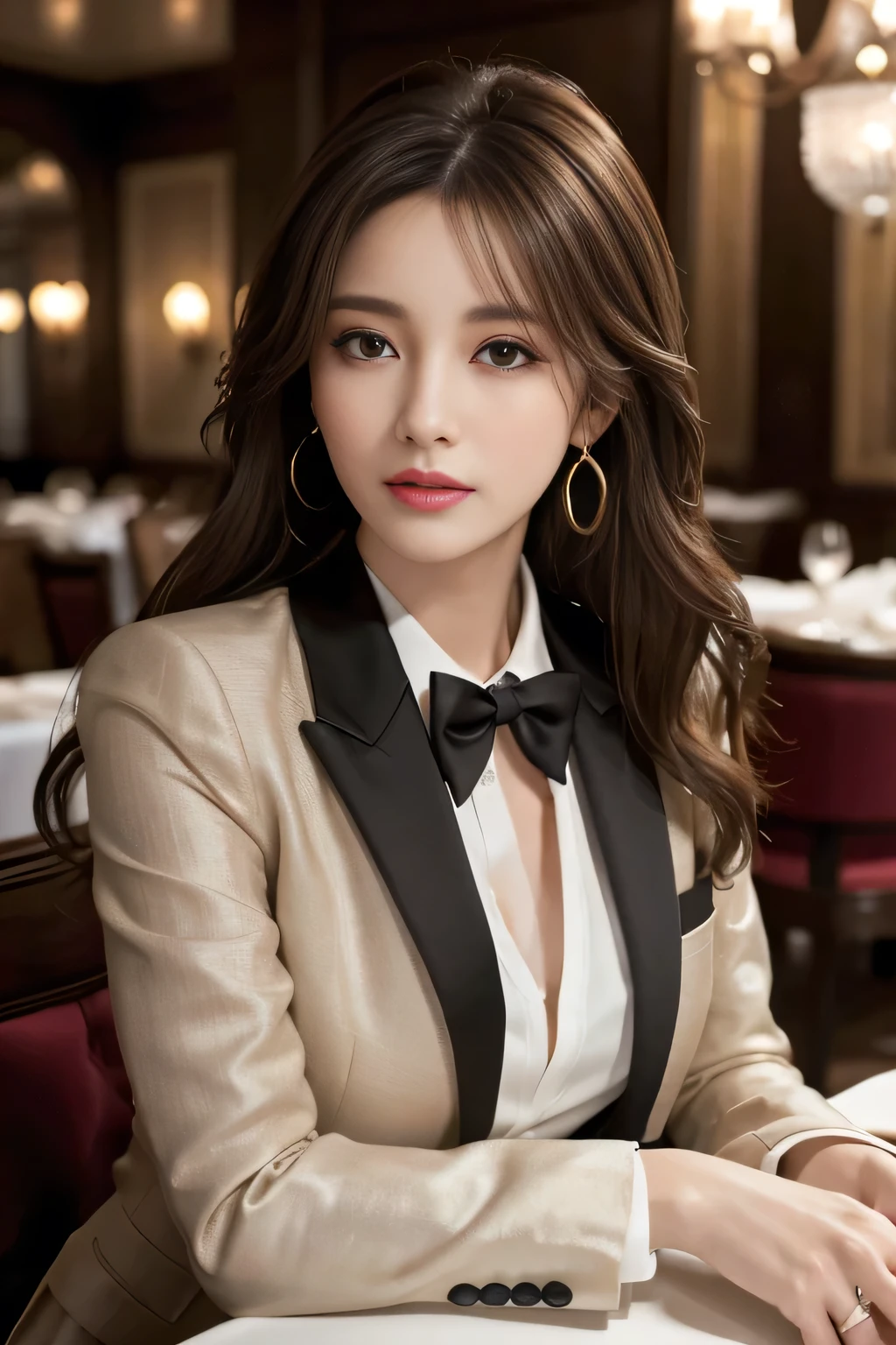 masterpiece, Highest quality, Realistic, Very detailed, Finer details, High resolution, 8k wallpaper, One beautiful woman, Wear a nice suit, In a great restaurant, At night, Light brown messy hair, Perfect dynamic composition, Beautiful and beautiful eyes、Big earrings、Sit on a chair、
