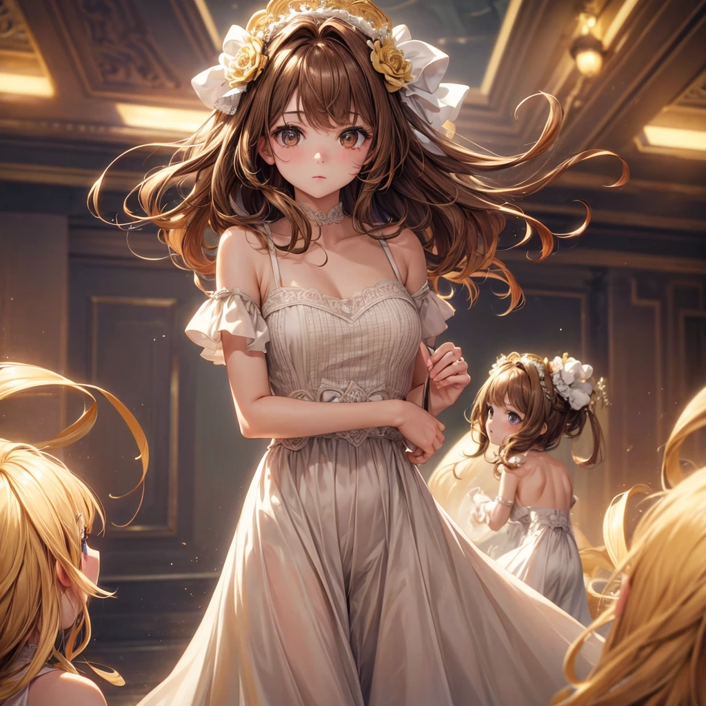 Excellent quality, Masterpiece. Two adult twins, short and messy light brown hair, big golden eyes, very pale. high quality, 4k, 8k