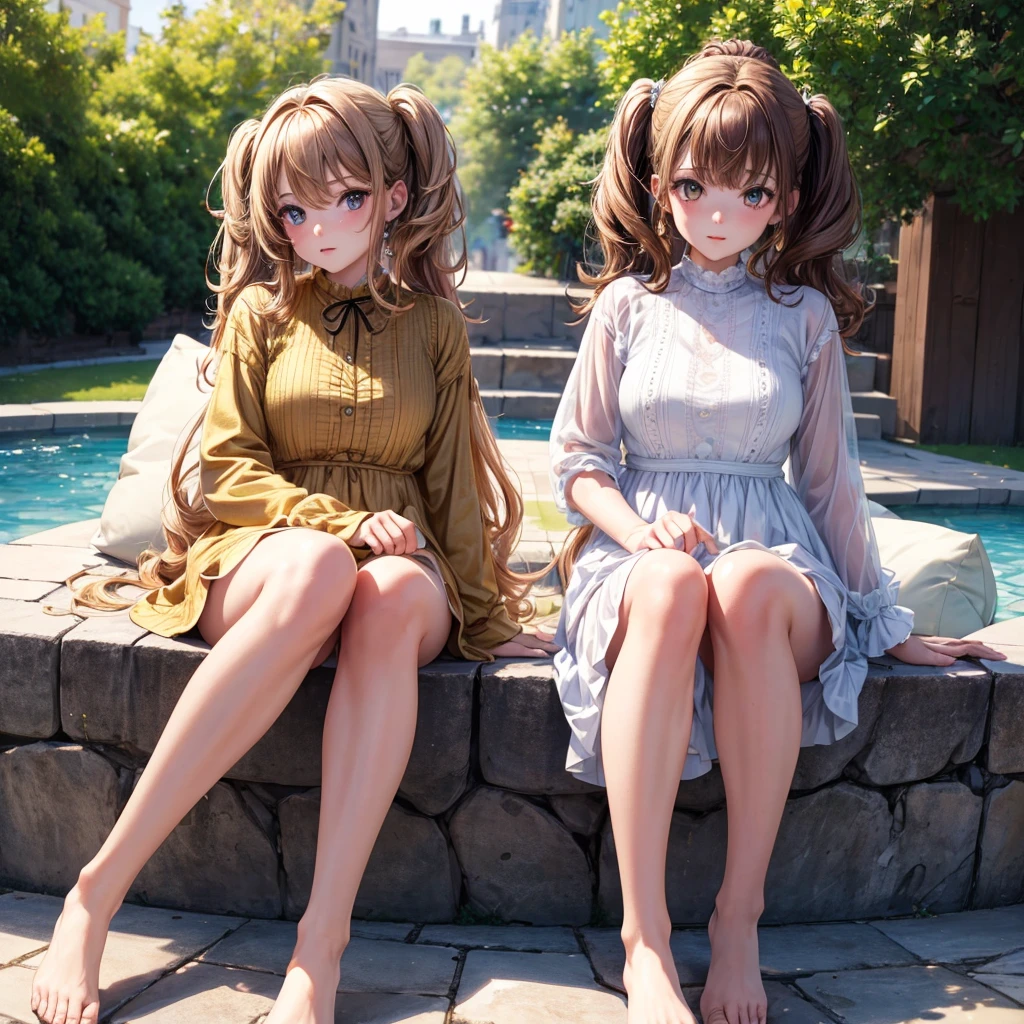 10 years old、cute woman、cute face、cute smile、10 years old 、light yellow hair、light blue eyes、full body shot、80mm、well-shaped chest、slightly larger breasts、lazy smile、shirt、mini skirt、medium long hair、dark brown hair、garden、Squirting、cherry blossoms、Because I'm slender、Beautiful and slim legs、clear white skin、sit on top、