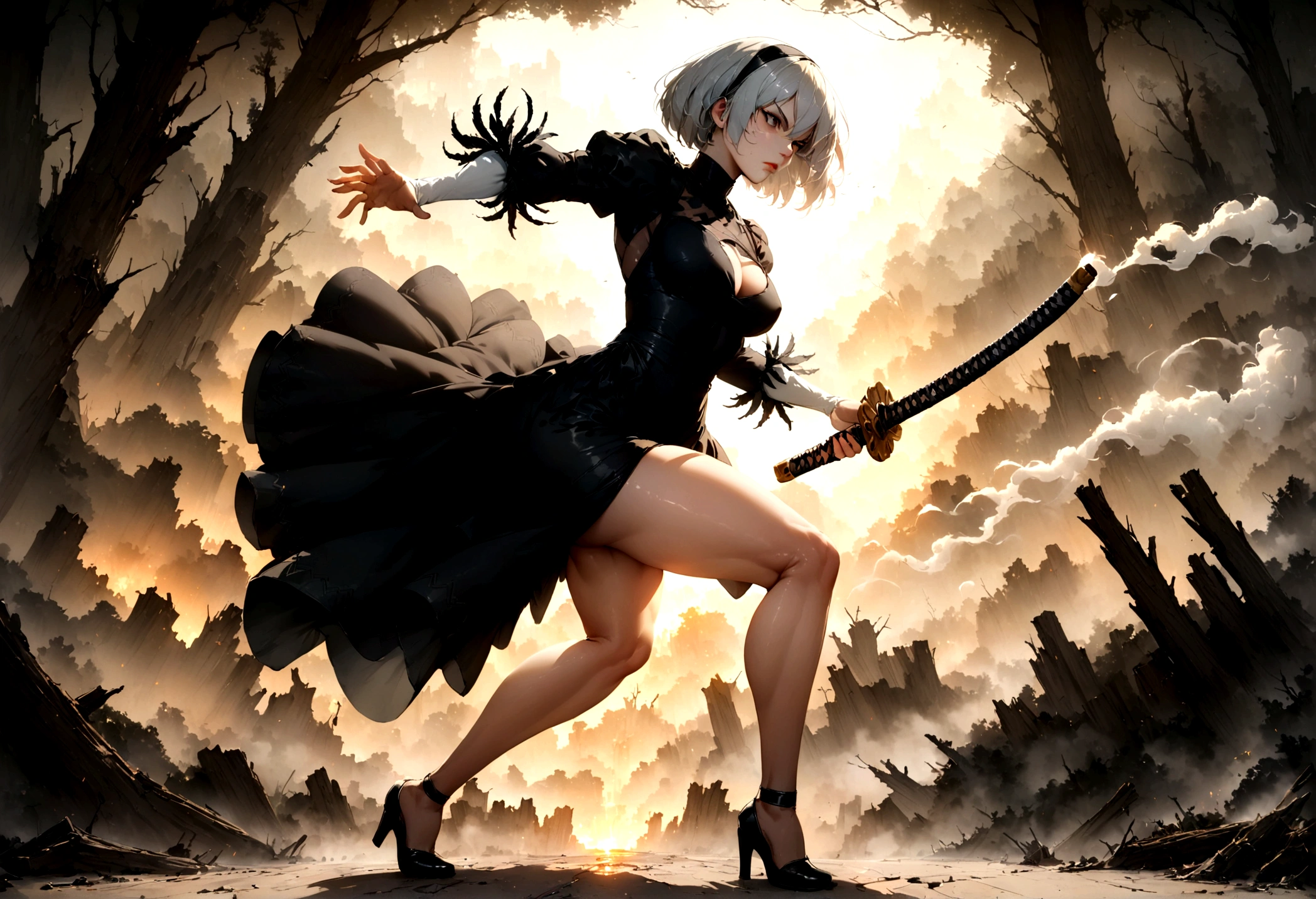 2b,(work of art), ultra detaild, fully body, soft hair, black gown, neckleace, Action, battle pose, standing with legs open, katana, wall-paper, destroyed forest background, SUNSET, smoke in the sky, sparks, serious facial expression, ideal female body, adult, opaque color palette, 真实感, ( realistic styling), perfect arms, detailed hands, perfect hand, Chaotic background